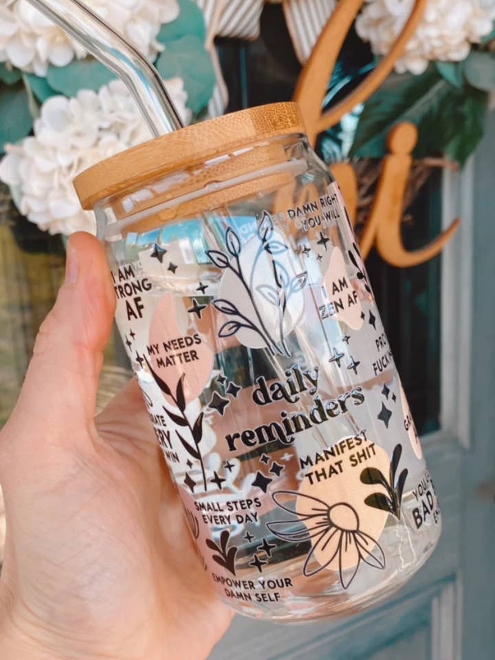Boîte en verre de 16 oz - Tasse Daily Reminders, Libbey Glass pour la vente par Laila M and Co