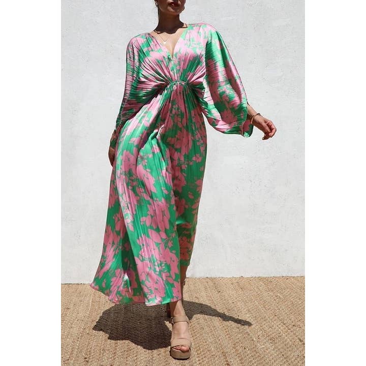 Sophisticated Pleated V-Neck Satin Maxi Dress for wholesale by Black Pearl Clothing