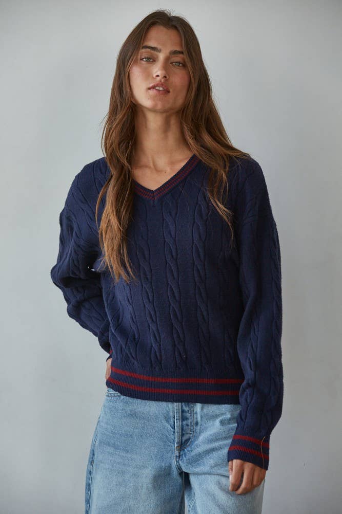 Navy W2136T2 | Knit Cable Sweater V-Neck Long Sleeve Pullover Top for wholesale on Faire4