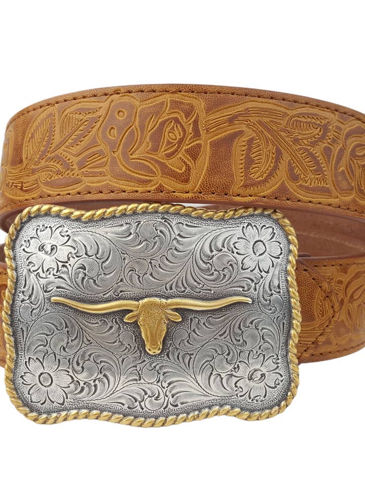 Western Long Horn Buckle with Hand Painted Rose Belt for wholesale by Axesoria West