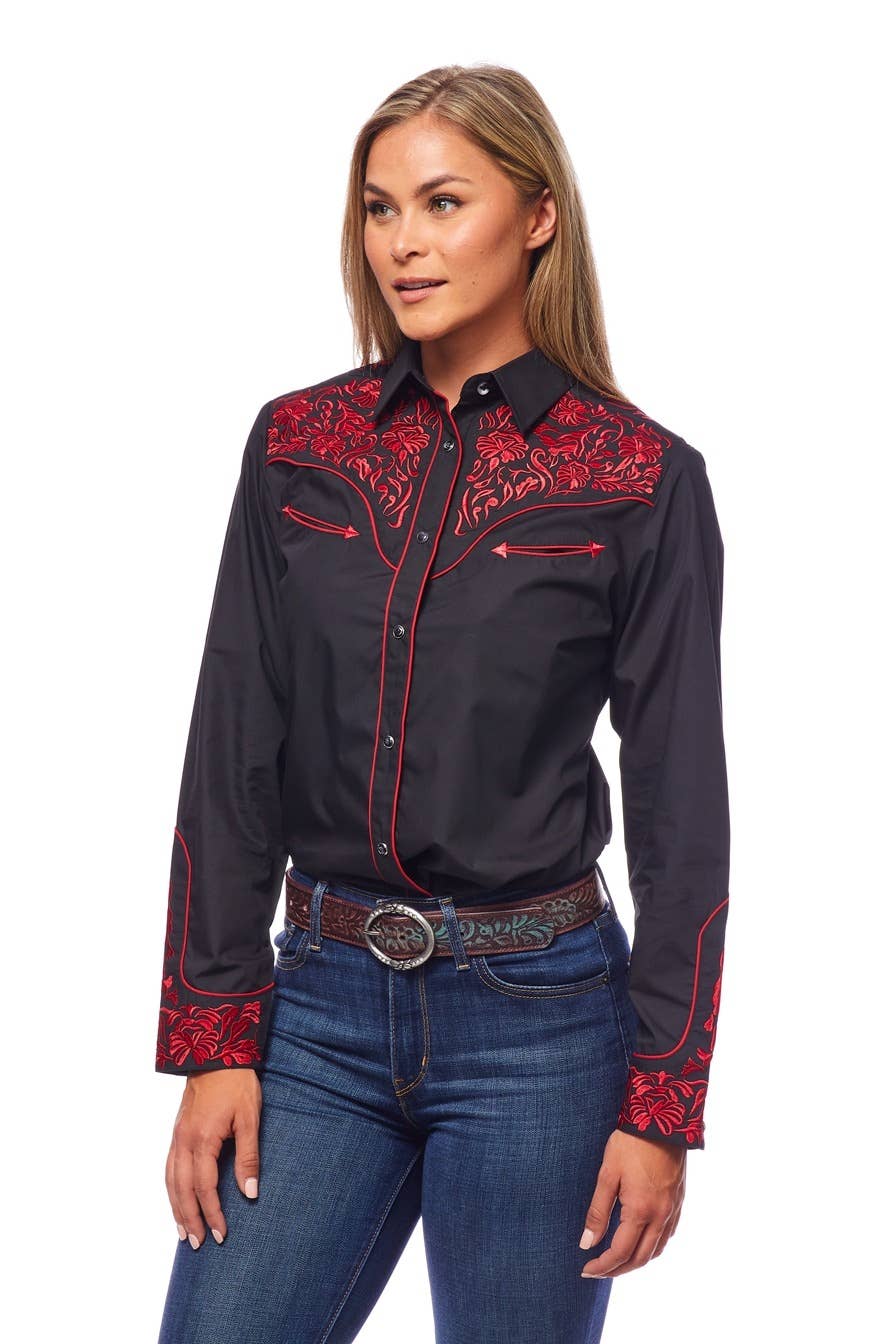 Rodeo Clothing - Vente Chemise à col boutonné – femme - Robe brodée à manches longues d'inspiration western pour femmes41
