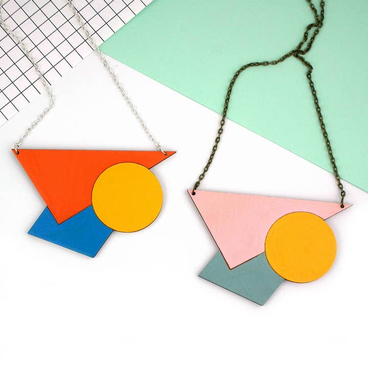 Statement Circle Square and Triangle Wooden Necklace Eco for wholesale by Red Paper House