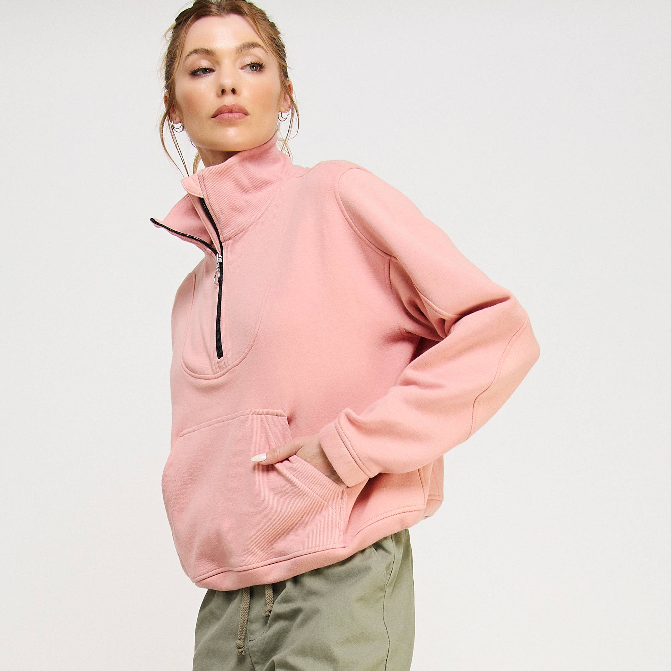 FREEZIA - Wholesale Sweatshirt - Women's - FRENCH TERRY NECK HALF ZIP SWEATSHIRT PULLOVER-FZ00127