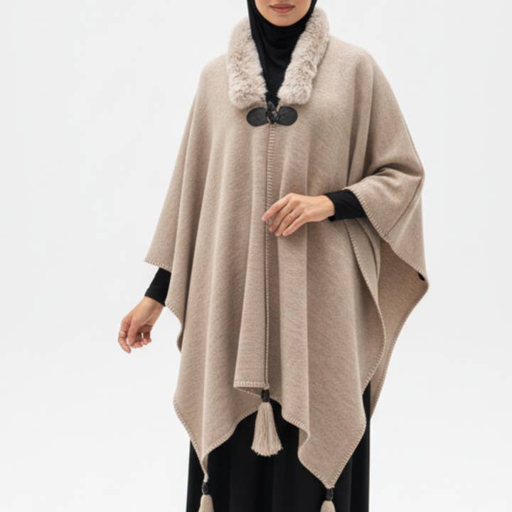 Fur Collar Knit Cape | Winter Warm Cape with Fur Neckline and other Purchase Wholesale cape clasp. Free Returns & Net 60 Terms on Faire trending on Faire.