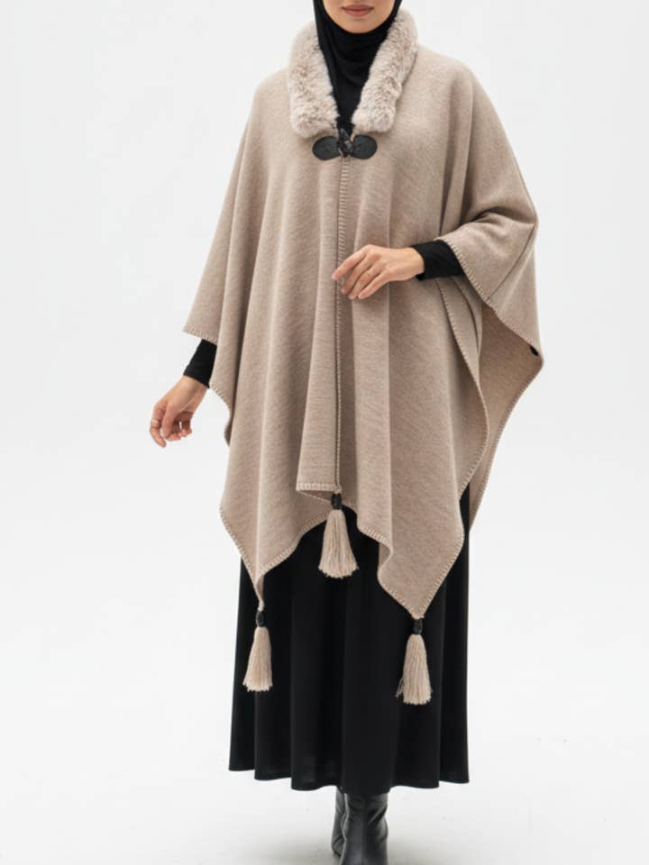 Akoya Hijabs - Wholesale Cape - Women's - Fur Collar Knit Cape | Winter Warm Cape with Fur Neckline0