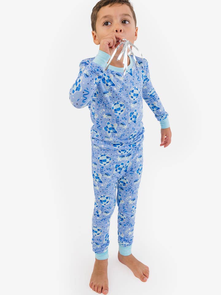 SoftSnooze™ Kids Bamboo Viscose Blue Disco Party Long Sleeve Pajama Set
for wholesale by RuffleButts + RuggedButts