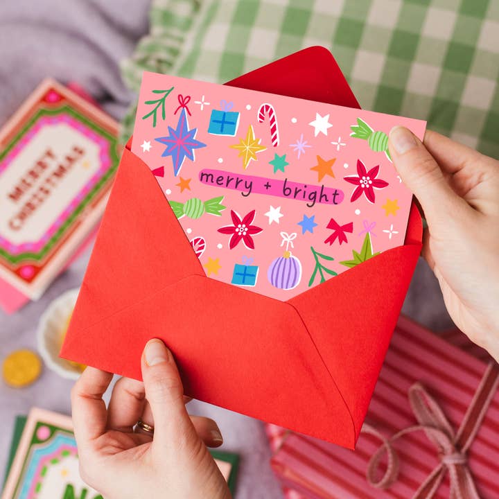 Natalie Lea Owen – Handmade Jewellery & Greeting Cards – wholesale Christmas card – "Merry and Bright" Christmas Card | Hand Drawn Card Pink1