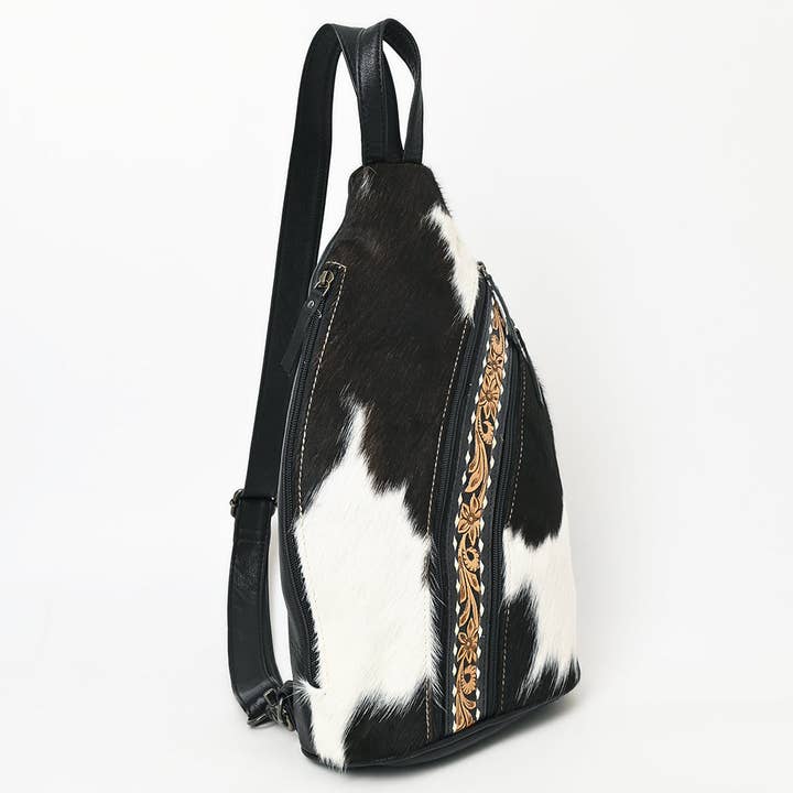 LS Western - Wholesale Backpack - Women's - ADBG1514 Black & White Cowhide Sling Backpack with Tooled Leather Accents5