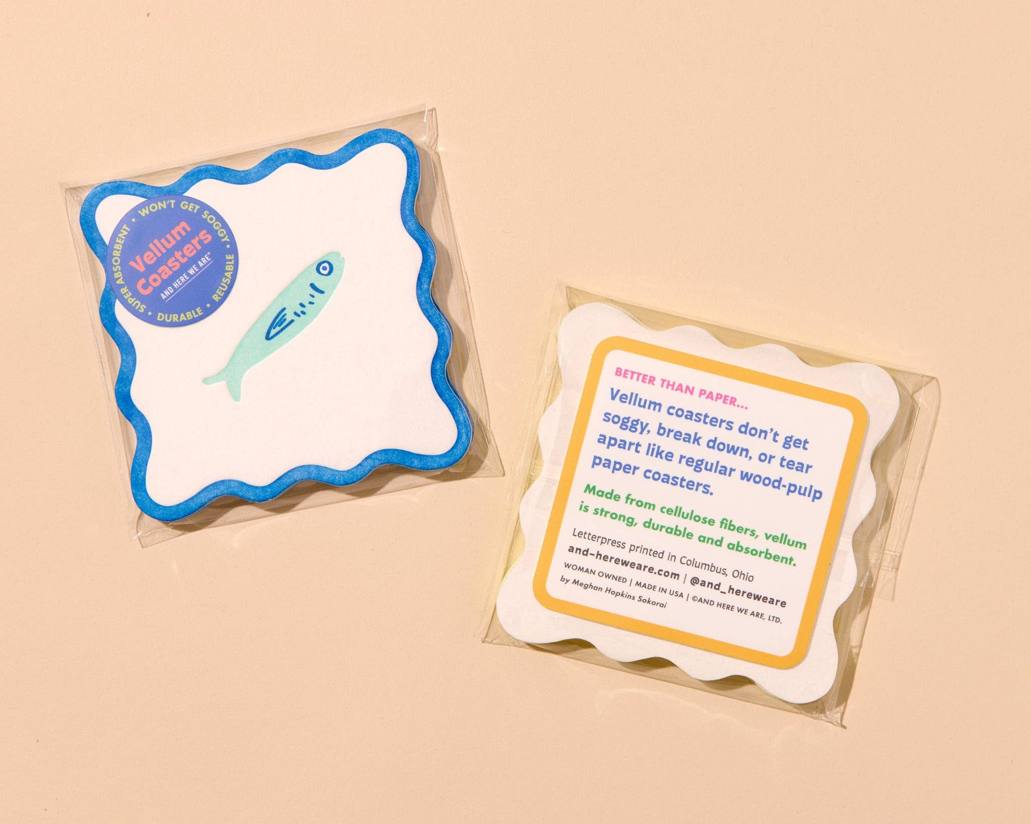 And Here We Are - Wholesale Coasters - Crudite Letterpress Vellum Coasters - Sardine (Set of 4) - Made in the USA - Seafood, Fish, Fisherman, Tinned Fish, Snack, Ocean - Stocking stuffer, Holiday, Gift Guide1