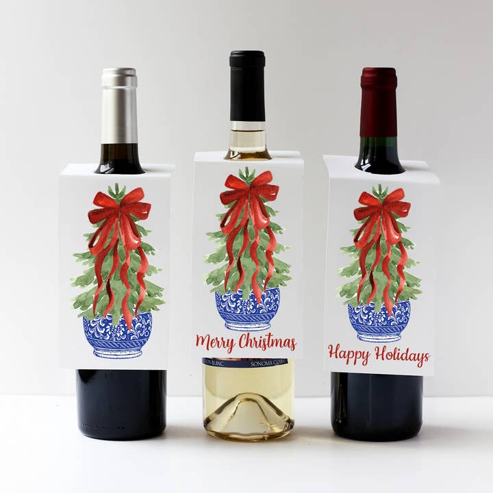 Chinoiserie Topiary Christmas Tree Wine Bottle Gift Tag for wholesale by Design Carolinas