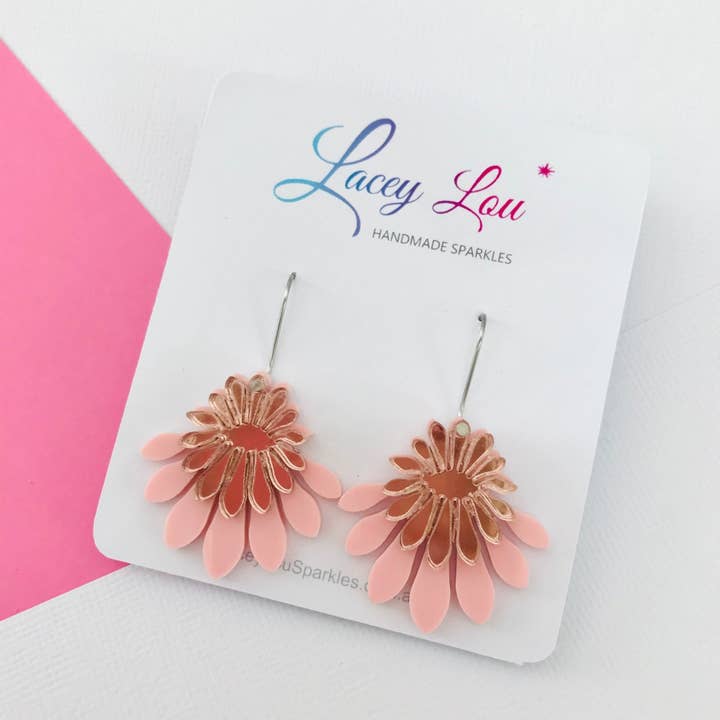 Medium Flower Frill Statement Dangle - Rose gold and pink Acrylic Earrings for wholesale by Lacey Lou Sparkles