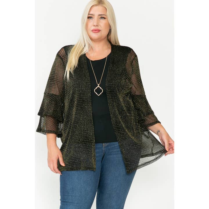 Story Teller - Wholesale Cardigan - Women's - Plus Size Shimmer Sheer Ruffle Open Front Mesh Cardigan