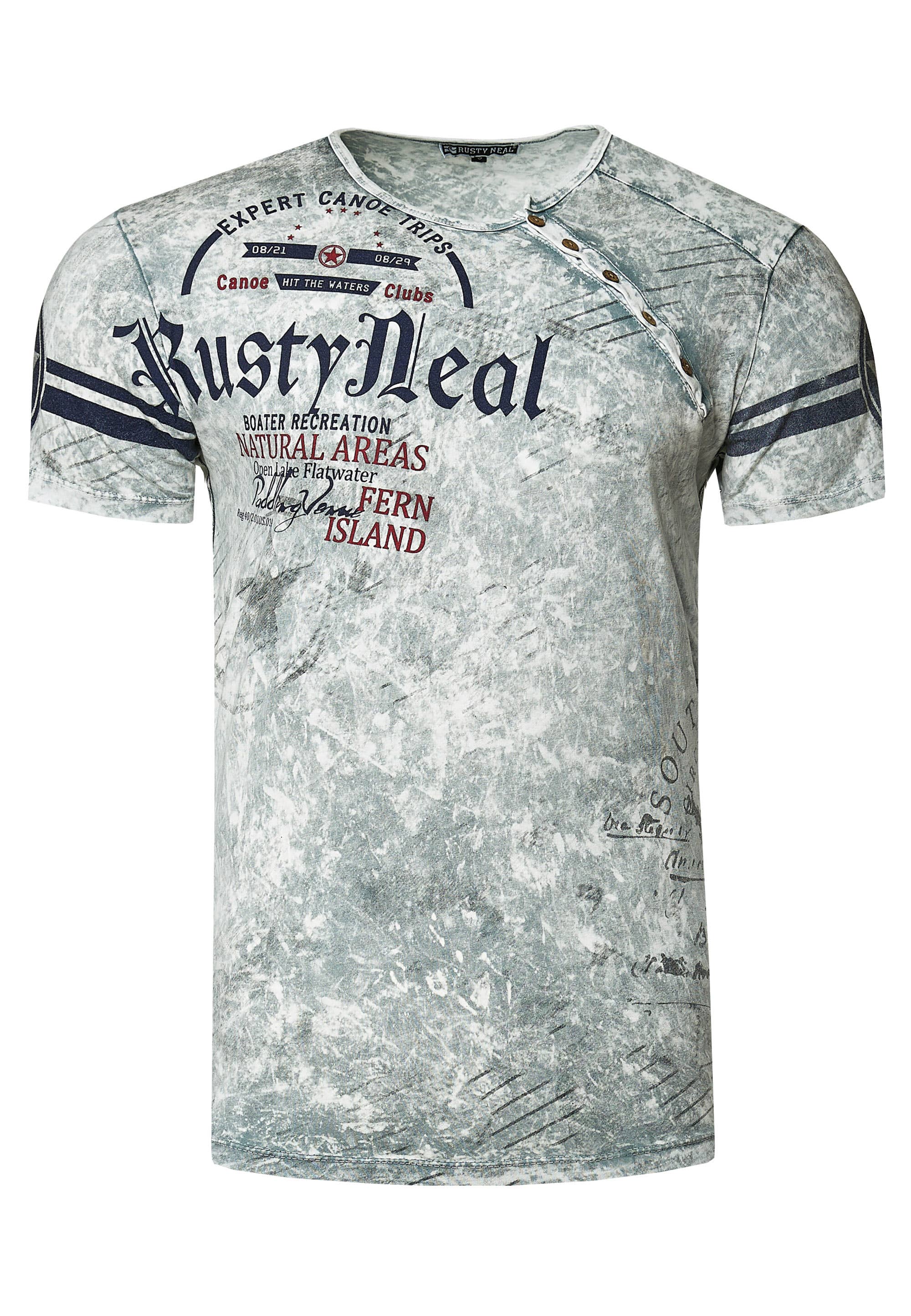 Rusty Neal - Wholesale Screen Printed T-Shirt - Men's - T-shirt with side button placket and logo print 2454