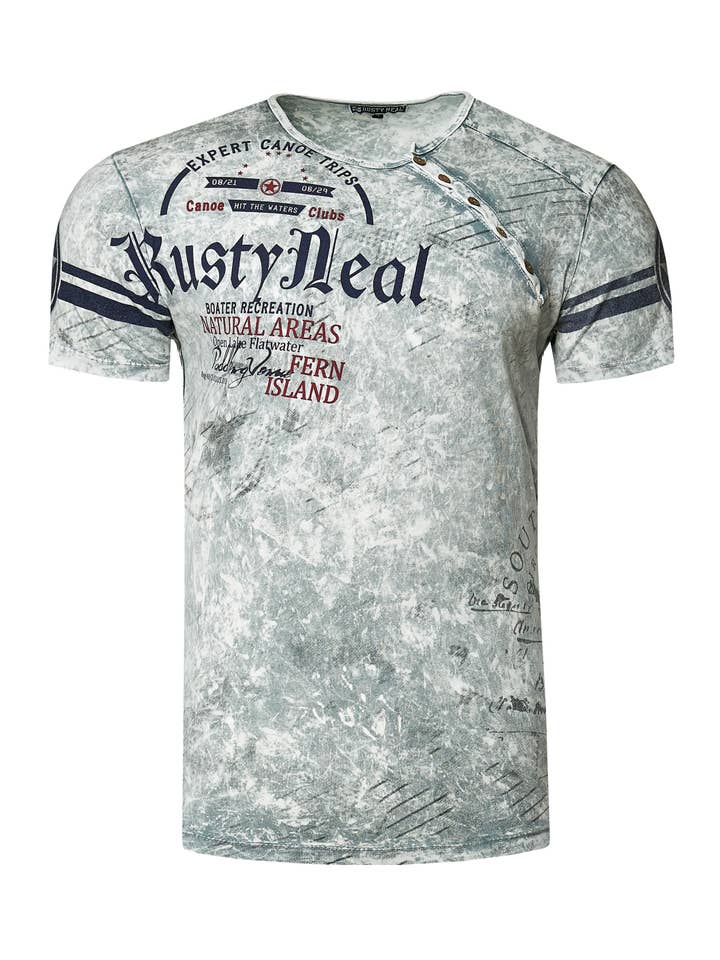 Rusty Neal - Wholesale Screen Printed T-Shirt - Men's - T-shirt with side button placket and logo print 2454