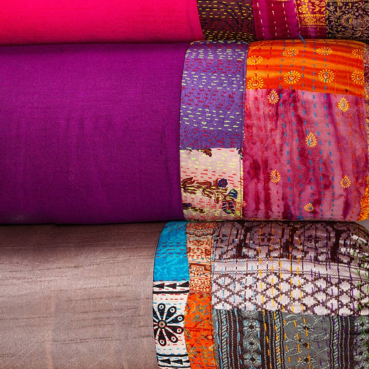 Colors By Padmini - Wholesale Throw/Decorative Pillow - Vintage Silk Kantha Bolster Pillow-Hand-Stitched Indian Sari