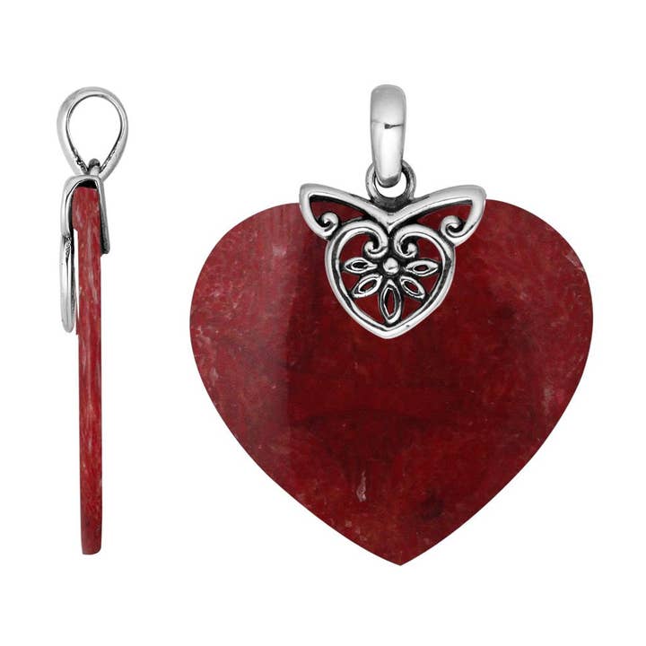 AP-6235-CR Red Coral Heart Shaped 925 Sterling Silver Pendant With Floral Filigree Design for wholesale by Bali Designs