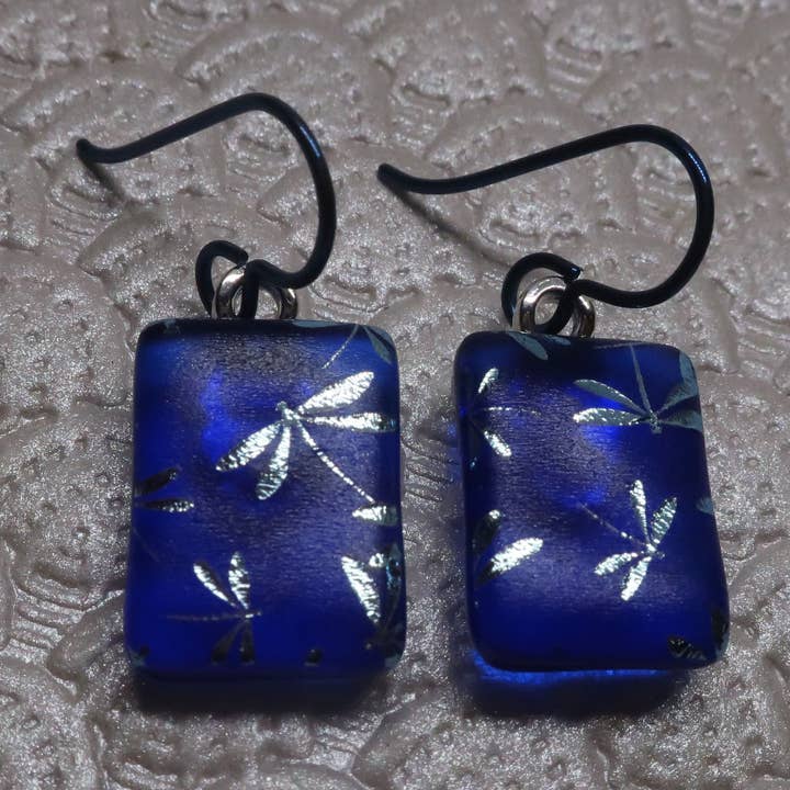 Cobalt Dragonfly Niobium Dichroic Glass earrings #444 for wholesale by McCray Studios