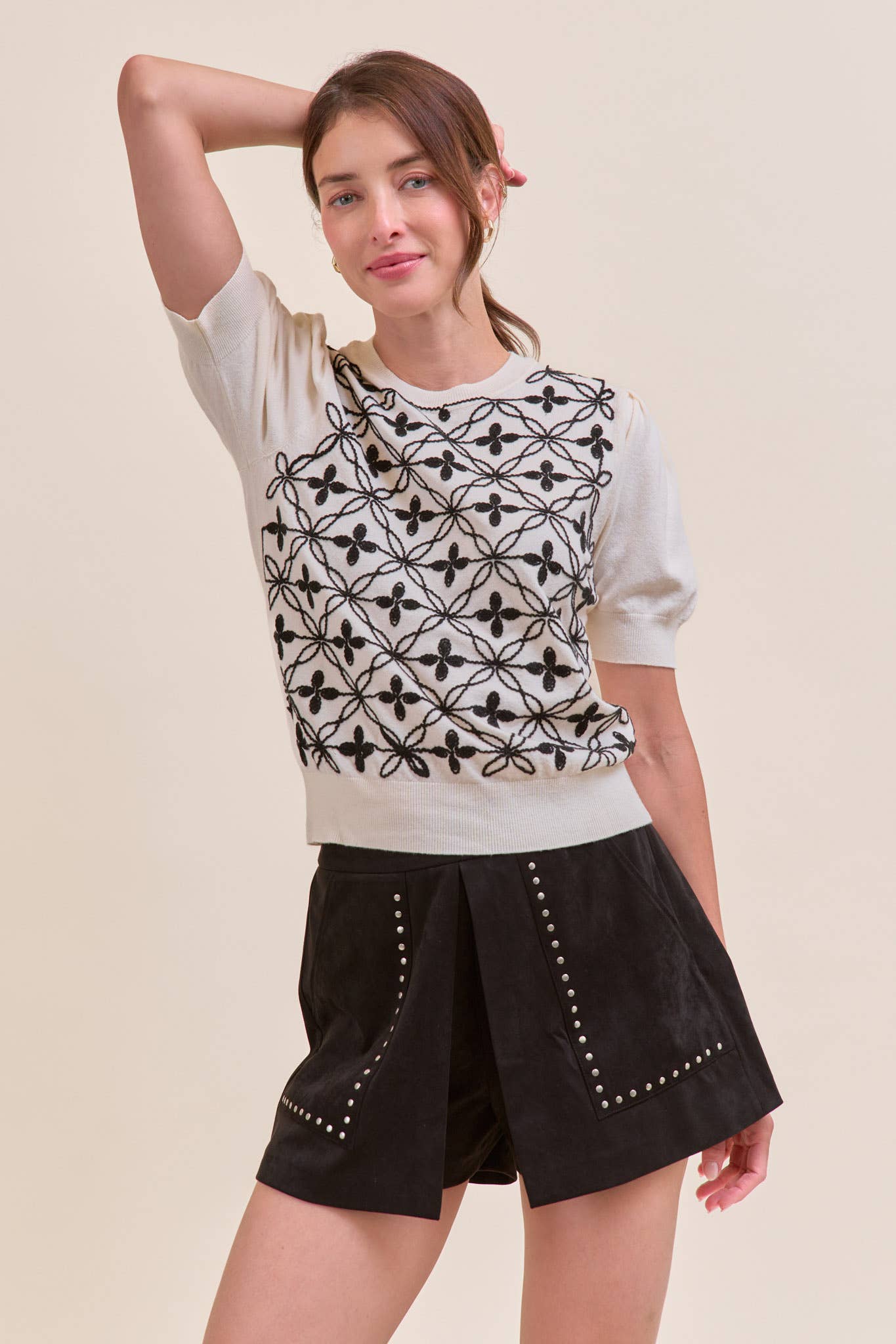 &MERCI - Wholesale Knit Sweater - Women's - SHORT PUFF SLEEVE EMBROIDERY FRONT SWEATER MSW1083212