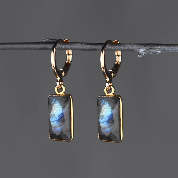 Golden Huggie with Rectangle Semi Precious Earrings for wholesale by KBD Studio