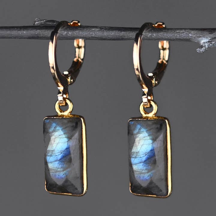 Golden Huggie with Rectangle Semi Precious Earrings for wholesale by KBD Studio