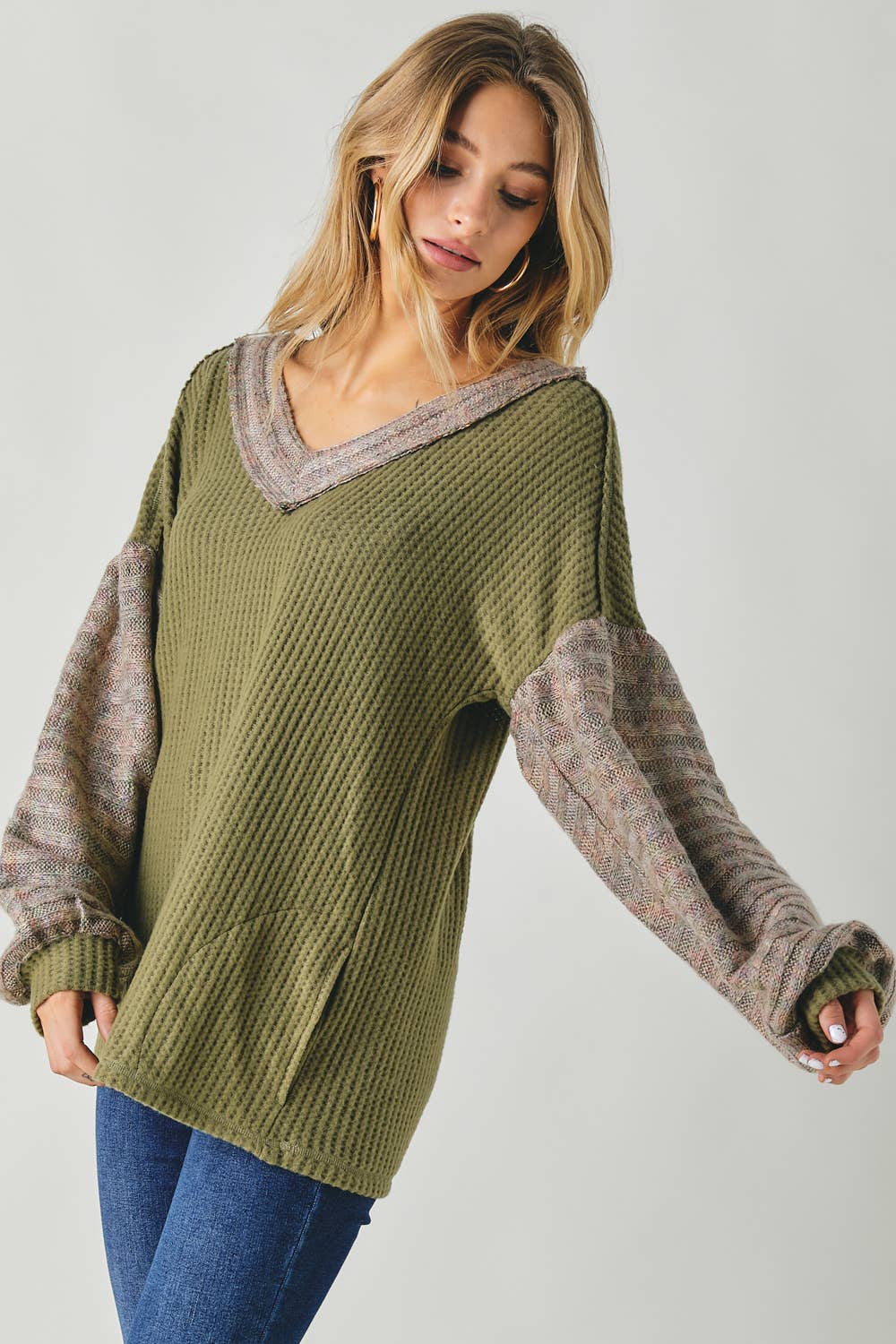 Davi & Dani - Vente Tunique – femme - PLUS LE BLOC DE COULEUR COL EN V HAUT À MANCHES LONGUES8