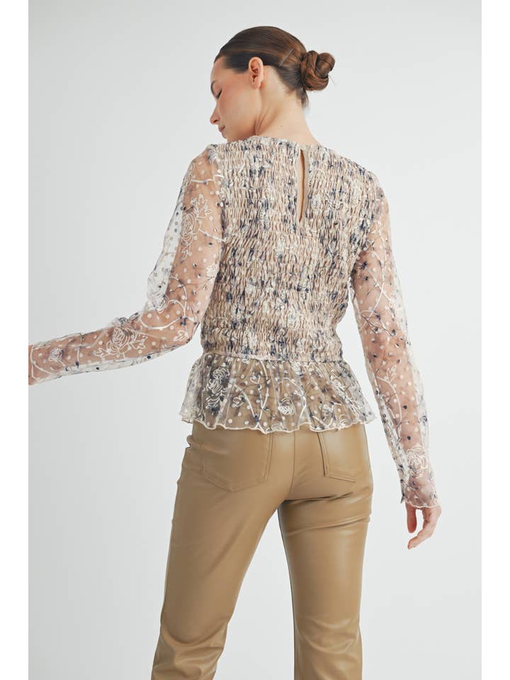 cream Sheer Smocked Embroidered Mesh Peplum Top for wholesale on Faire15
