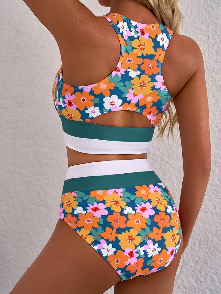 Lovesoft - Wholesale Two Piece Swimsuit - Women's - Green Floral Print Racerback Cutout High Waist 2pcs Bikini
