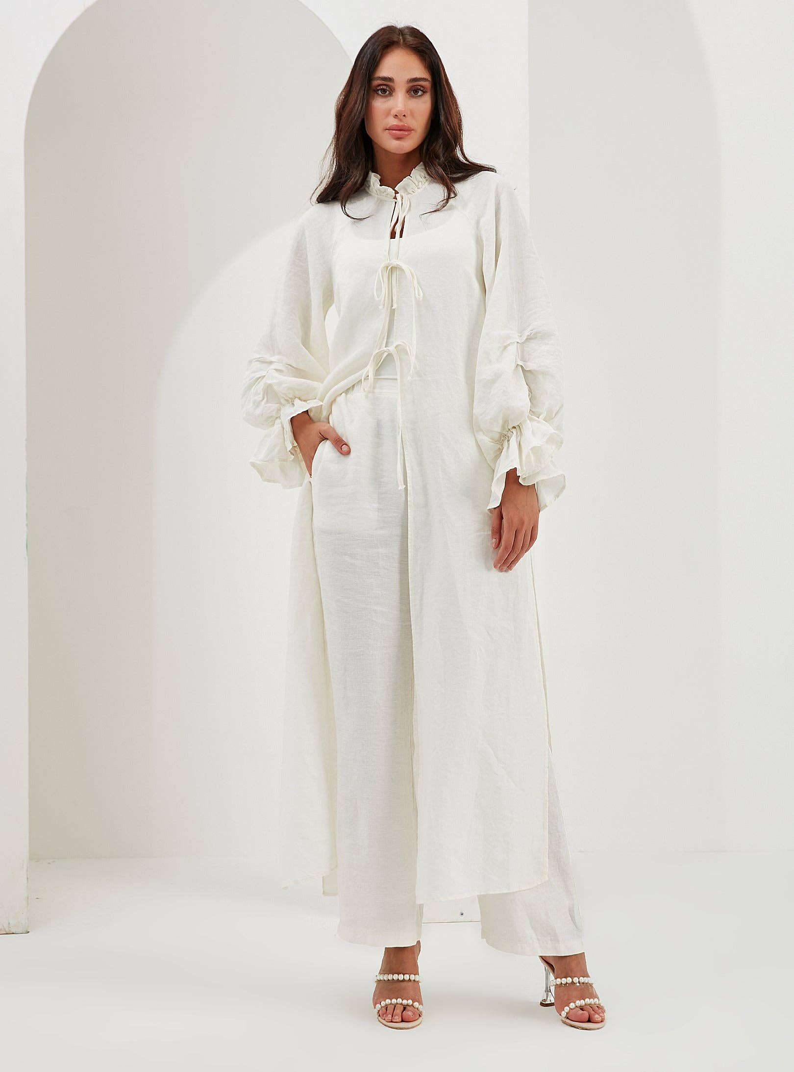 Store WF – wholesale Top & pants set (NOT Loungewear) – Women's – 100% Washed Linen Off-White Balloon Sleeve Kimono Trousers Set1