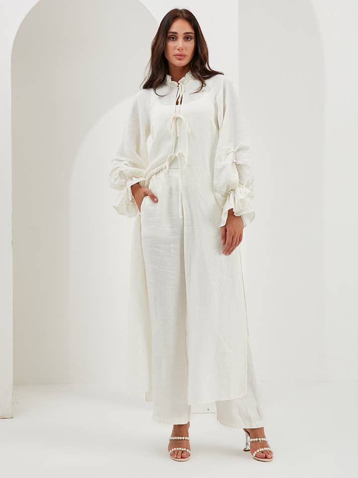 Store WF – wholesale Top & pants set (NOT Loungewear) – Women's – 100% Washed Linen Off-White Balloon Sleeve Kimono Trousers Set1