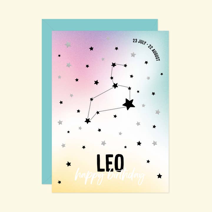 Leo zodiac star sign birthday card - Silver foil for wholesale by Purple Tree Designs
