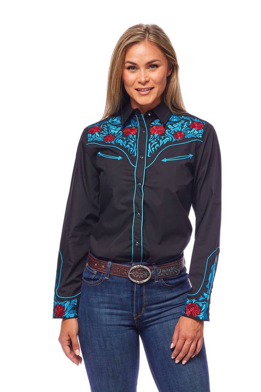 Rodeo Clothing - Vente Chemise à col boutonné – femme - Robe brodée à manches longues d'inspiration western pour femmes52