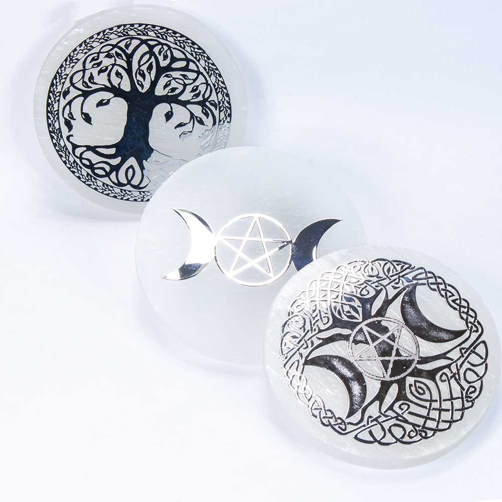 Kheops International - Wholesale Crystal Charging Plate - Selenite Spar Charging Disk Silver Tree & Moon (Pack of 3)3
