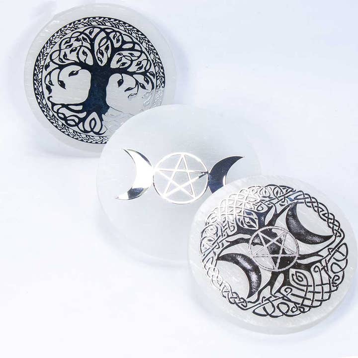 Kheops International – Engroshandel Krystalopladningsplade – Selenit Spar Opladningsskive Sølvtræ & Måne (Pakke med 3)3