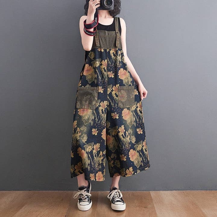 Sheer Trend - Wholesale Overalls - Women's - Denim Overall Jumpsuit With Floral Print