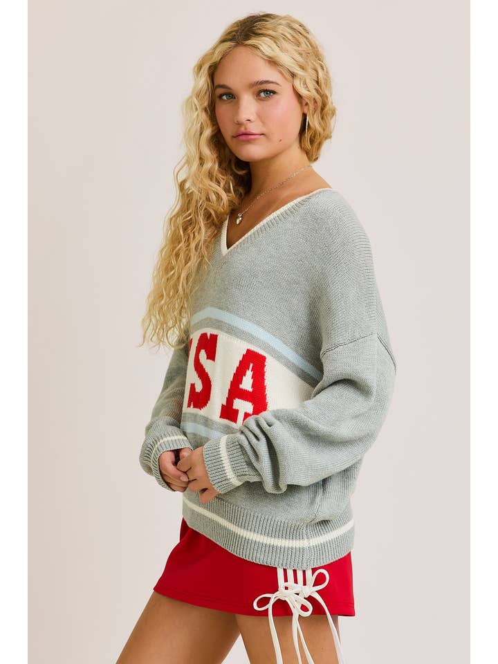 H GREY "USA" GRAPHIC LONG SLEEVE V-NECK SWEATER for wholesale on Faire