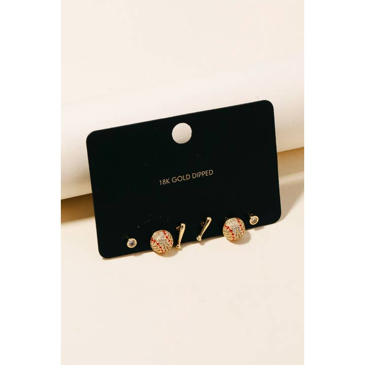 Game Day Gold Dipped Cz Studded Baseball Themed Stud Earring Set for wholesale by Anarchy Street
