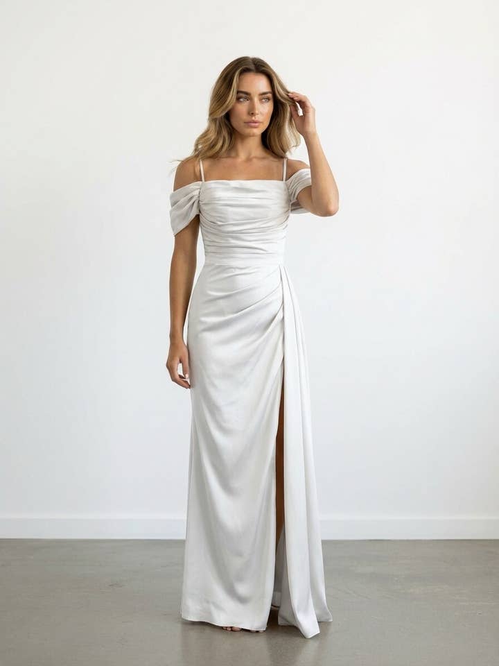 Vestido longo de cetim em marfim por atacado de Les Voiliers