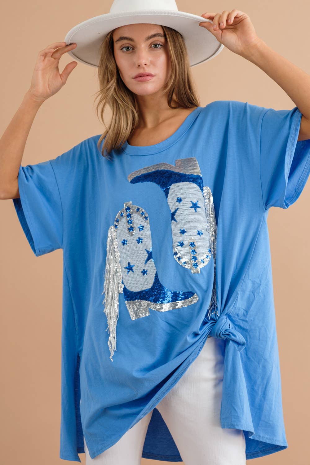 Blue B - Wholesale T-Shirt - Women's - 32487T - Cotton Sequin Western Boot Fringe Loose Side Tee10
