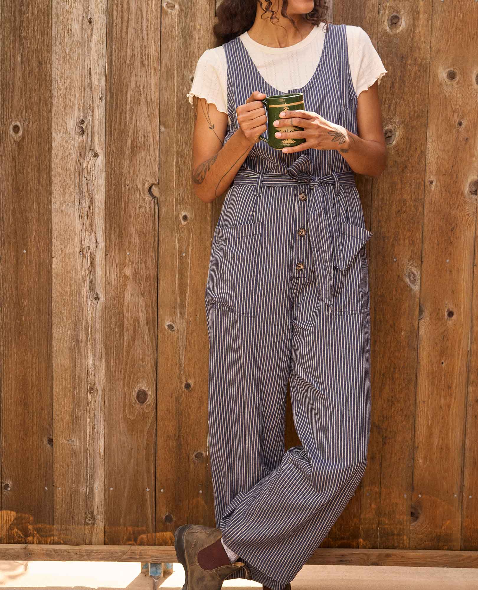 Navy Railroad Stripe Tarn Sleeveless Jumpsuit F25 for wholesale on Faire4