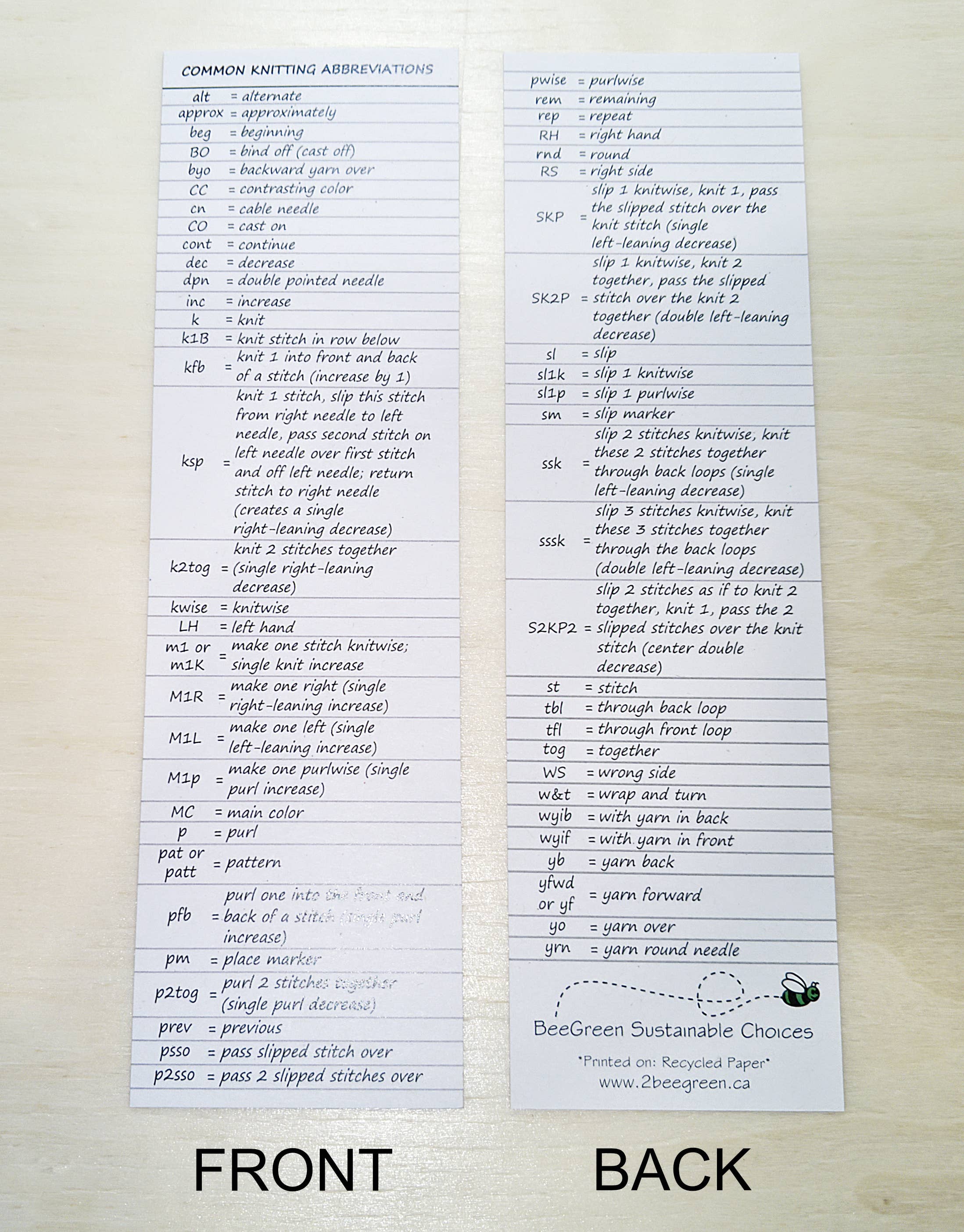 BeeGreen & CraftsPlannersPlus - Wholesale Bookmark - Knitting Abbreviations Bookmark [Great Little Gift]0
