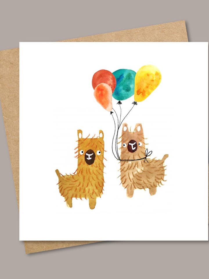 Llamaer med balloner fødselsdagskort for engroshandel hos Pen and Gwyn