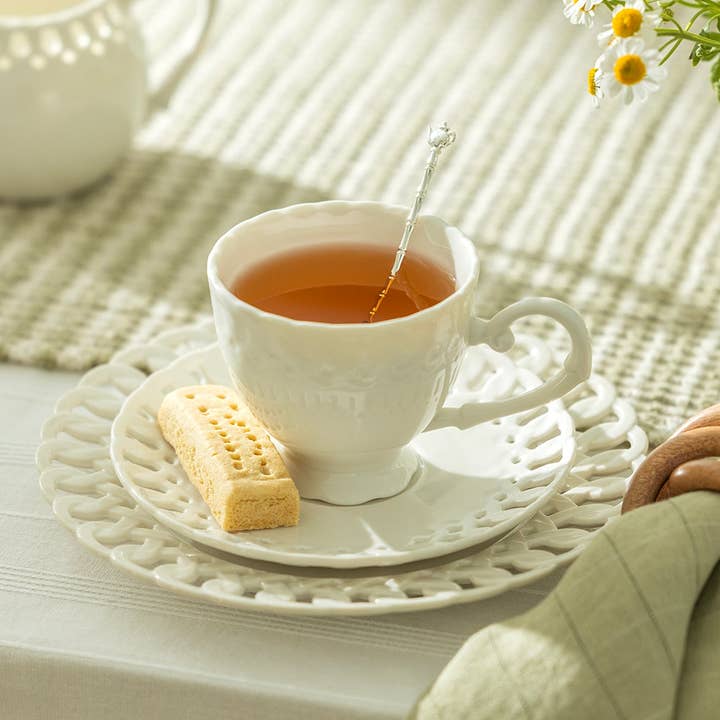 Grace Teaware - Wholesale Coffee/Tea Cup - White Heirloom 7oz Fine Porcelain Tea Cup and Saucer