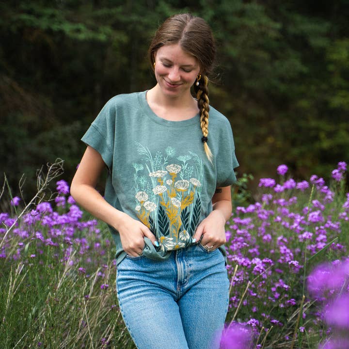 The Montana Scene - Wholesale Screen Printed T-Shirt - Women's - Wild Field Ladies Tee - Washed Basil1