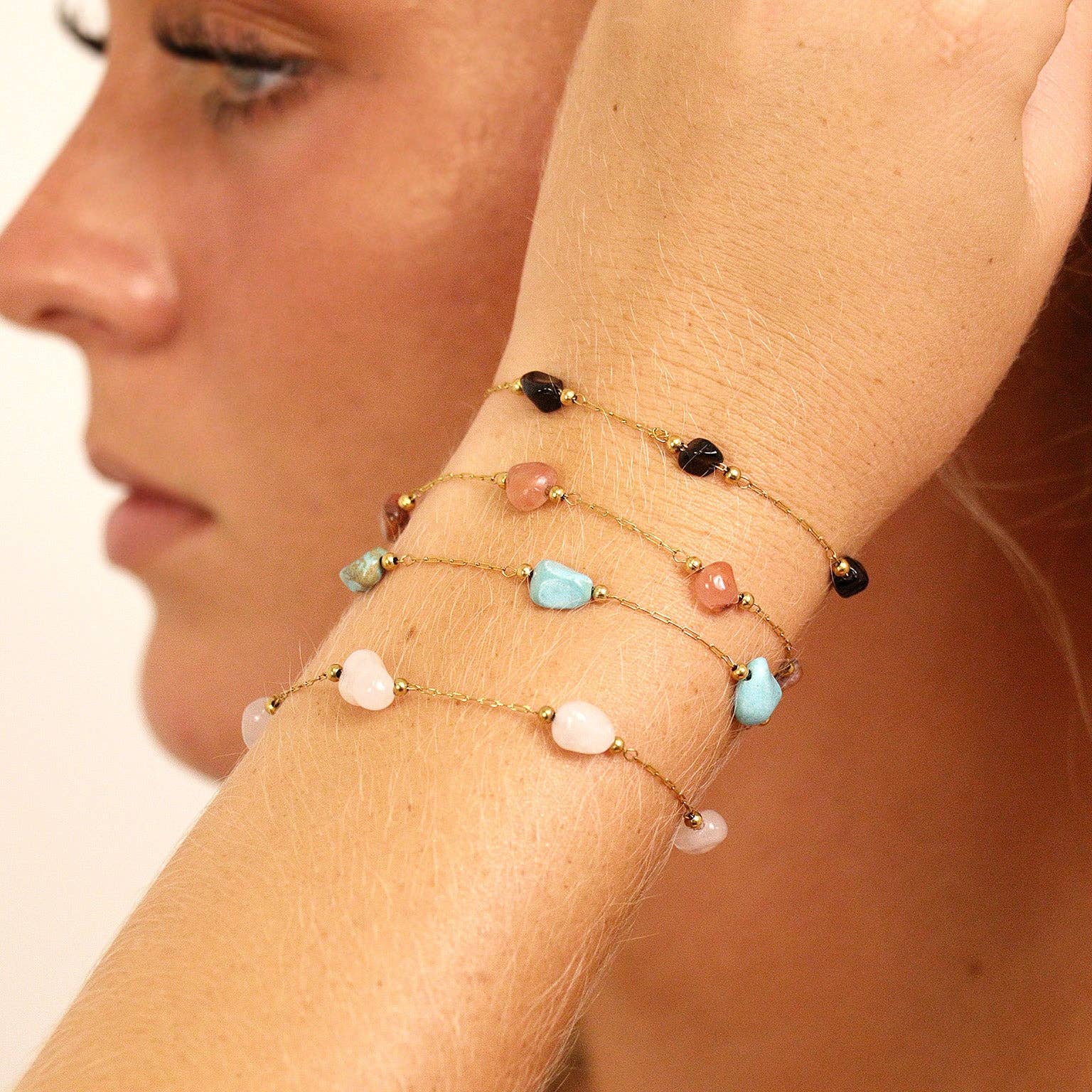 WJW – wholesale Craft supplies – 18K Gold PVD Stainless Steel Beaded Stone Chain - By The Foot / SPL10171