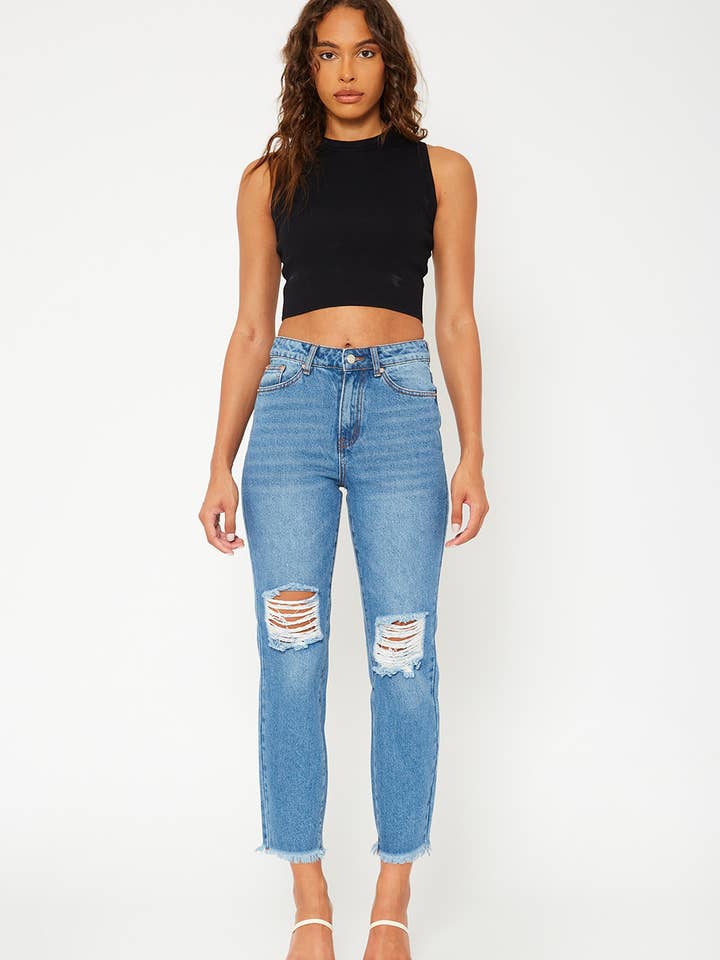 High-rise medium blue mom fit jeans for wholesale by MONKEY RIDE JEANS