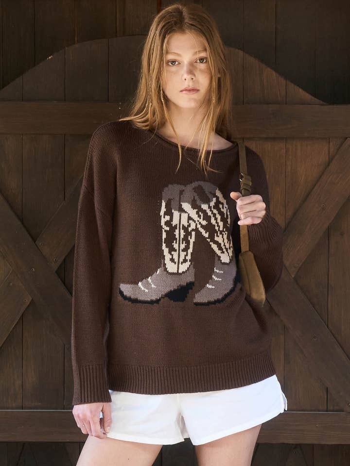 Blu Pepper - Wholesale Knit Sweater - Women's - WESTERN BOOT JACQUARD LONG SLEEVE KNIT SWEATER 23