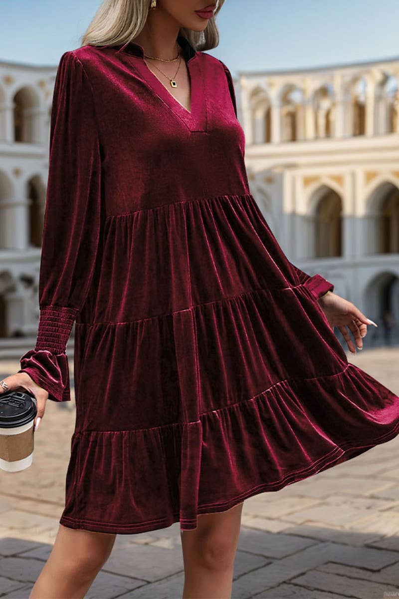NINEXIS - Wholesale Dress - Women's - CWDMD3552_V-NECK LONG-SLEEVED SOLID COLOR VELVET DRESS12