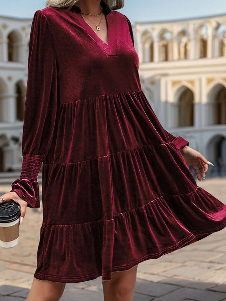 NINEXIS - Wholesale Dress - Women's - CWDMD3552_V-NECK LONG-SLEEVED SOLID COLOR VELVET DRESS12