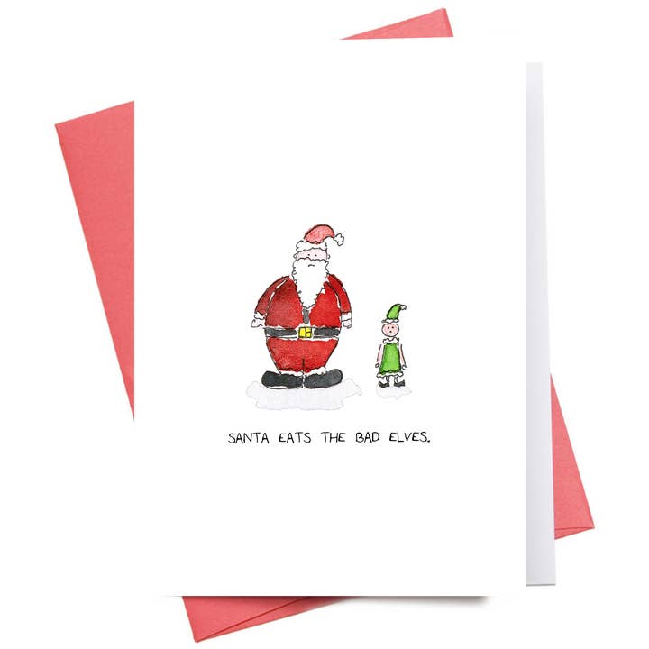 Santa spiser de dårlige elvere | Jul lykønskningskort for engroshandel hos Inkwell Cards