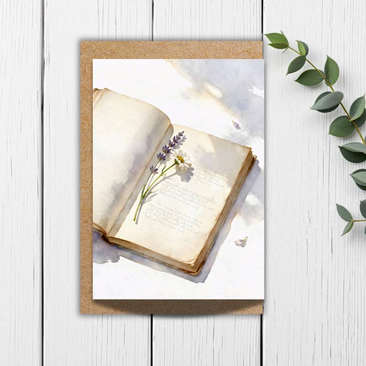 Vintage Open Book Wildflower Greeting Card for wholesale by Designs by Michaela